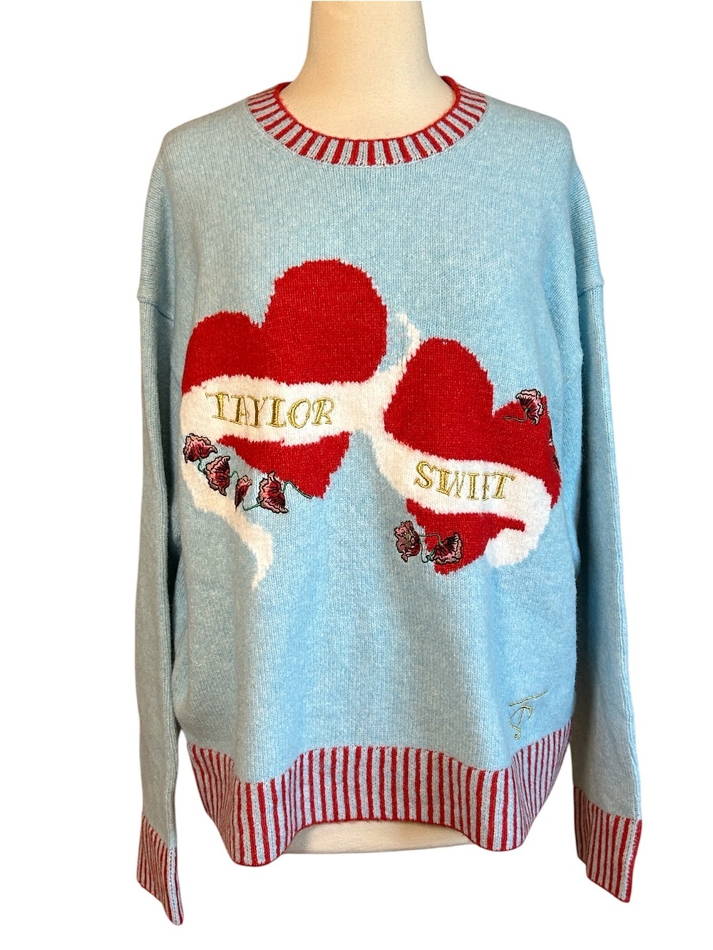 Taylor Swift Album Heart Sweater Holiday Collection Blue Debut Self-Titled sz L